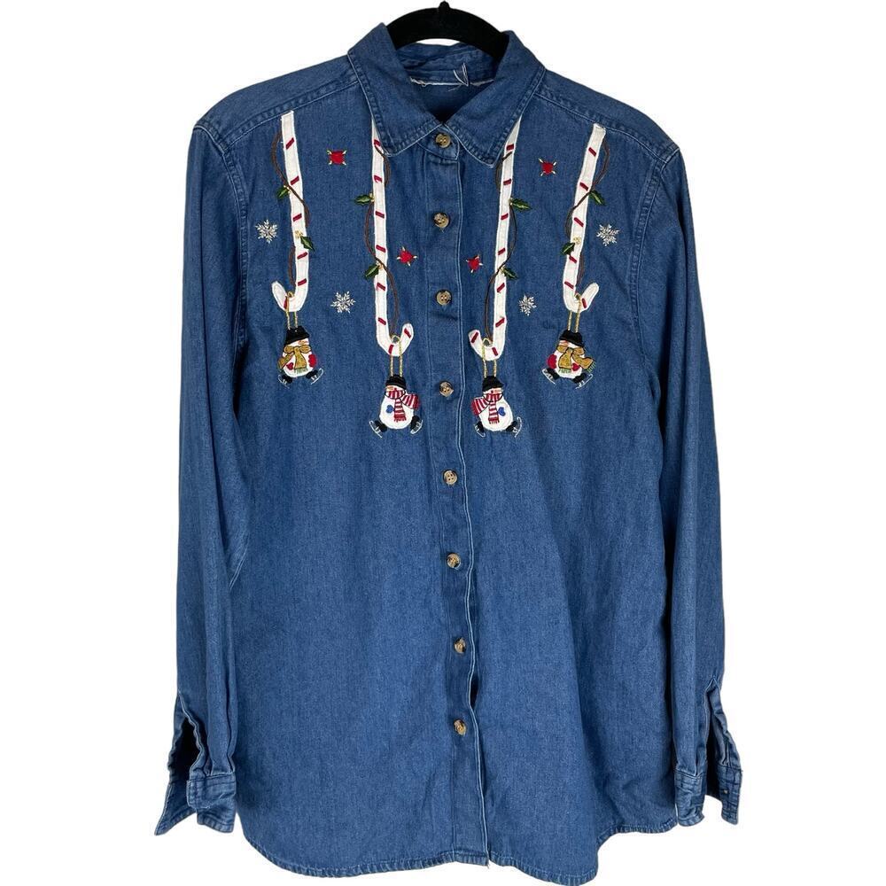Vintage Christmas denim snowman embroidered long sleeve shirt